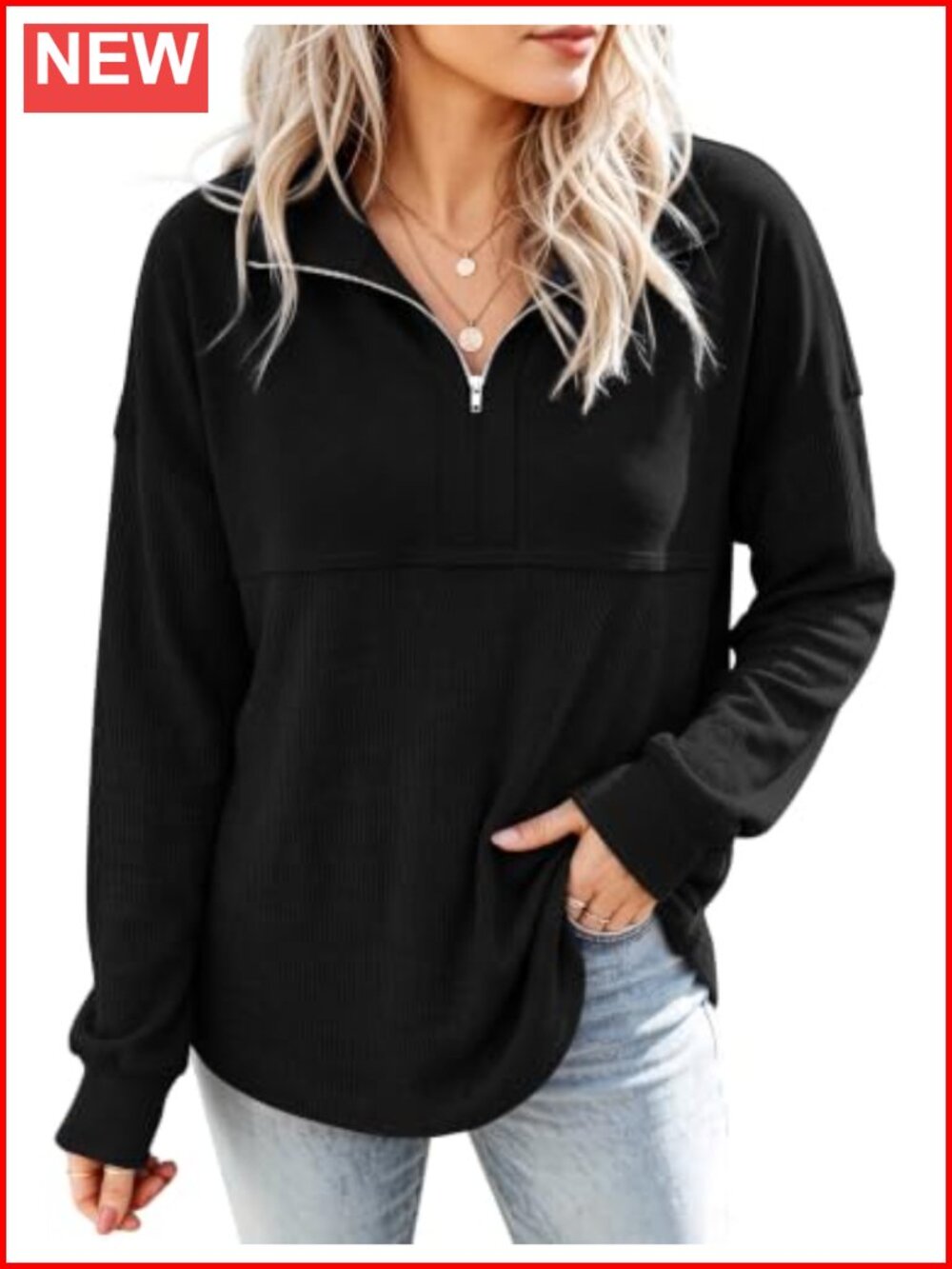 Waffle Knit Half Zip Sweatshirt Loose Pullover Long Sleeve Top